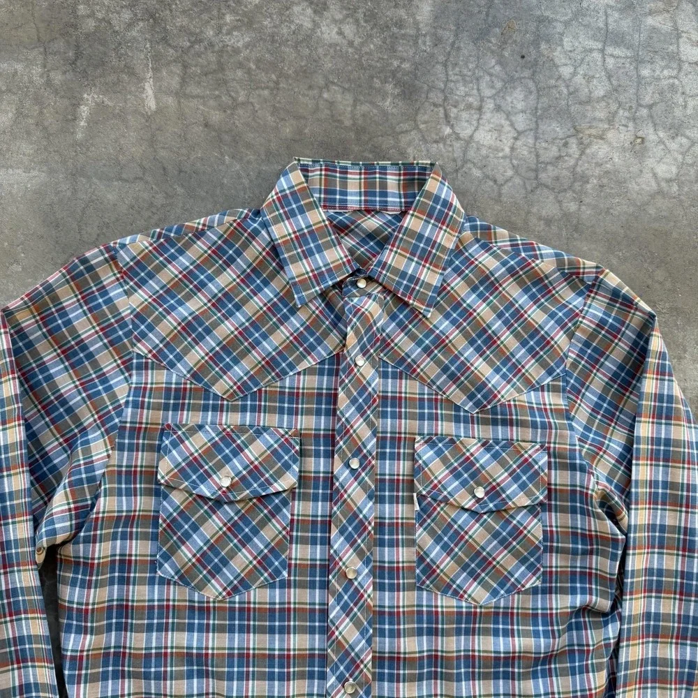 Vintage 70's Levis E Plaid Western Shirt S/M Blue Pearl Snap Long Sleeve Cowboy
